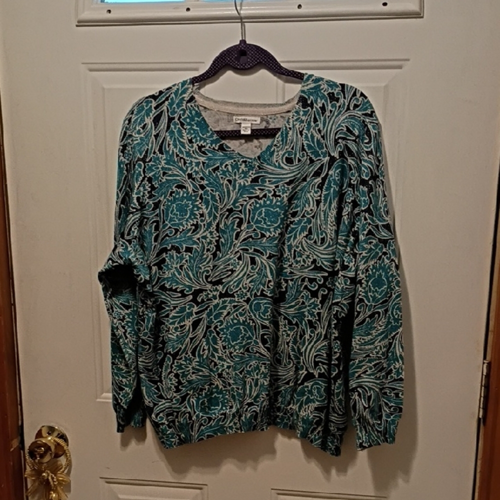 Croft & Barrow Teal and White Floral Sweater Shimmering Women's 2X Chic